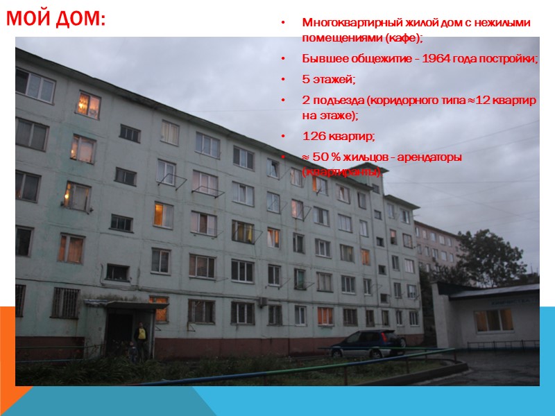 Мой дом: Многоквартирный жилой дом с нежилыми помещениями (кафе); Бывшее общежитие - 1964 года